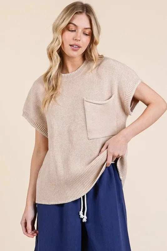 Lime 'N' Chili Solid Cap Sleeve Stitch Edge Knit Sweater - Trendsi - Flyclothing LLC
