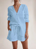 Notched Long Sleeve Top and Shorts Set - Trendsi - Flyclothing LLC