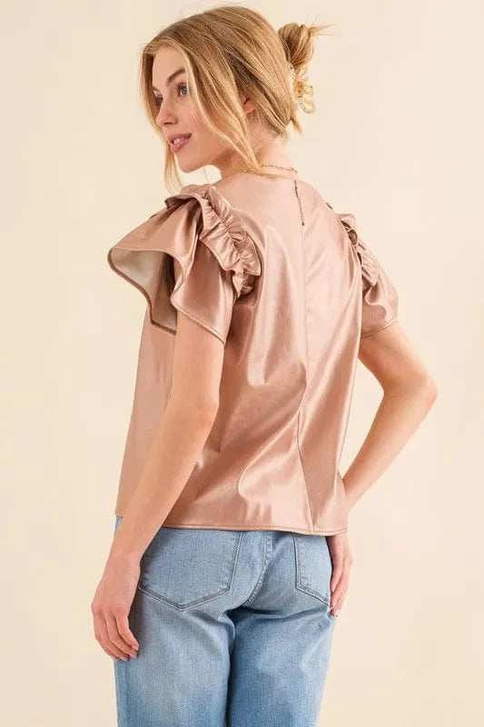 And The Why Faux Leather Ruffle Sleeves V Neck Top - Trendsi - Flyclothing LLC