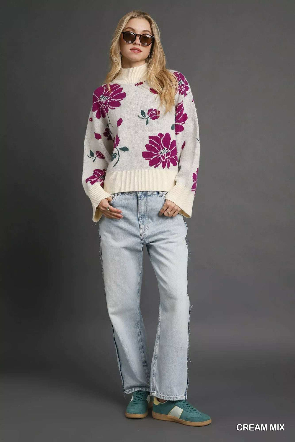 Umgee Floral Patterned Mock Neck Sweater - Trendsi - Flyclothing LLC