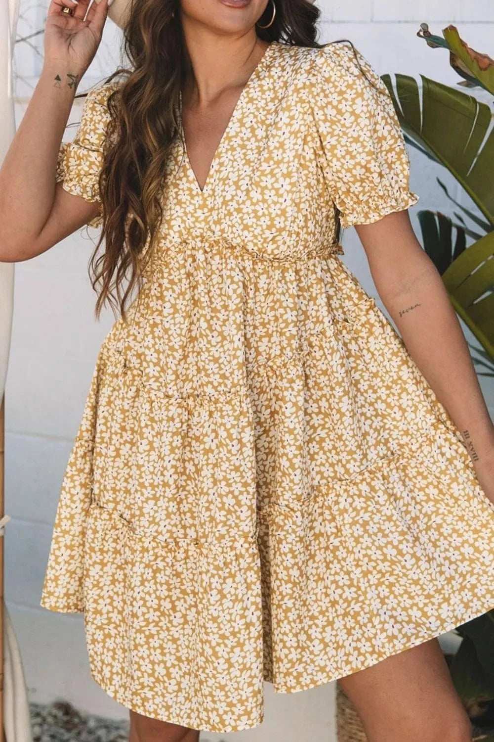 Floral Short Sleeve Surplice Frilly Tiered Mini Dress - Trendsi - Flyclothing LLC