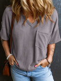 Textured V-Neck Half Sleeve T-Shirt - Trendsi - Flyclothing LLC