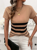 Striped Round Neck Short Sleeve Knit Top - Trendsi - Flyclothing LLC