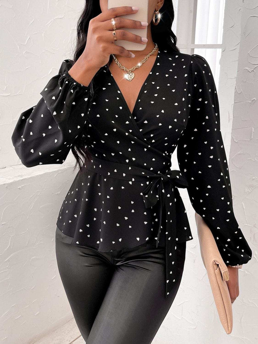 Heart Print Surplice Balloon Sleeve Blouse - Trendsi - Flyclothing LLC