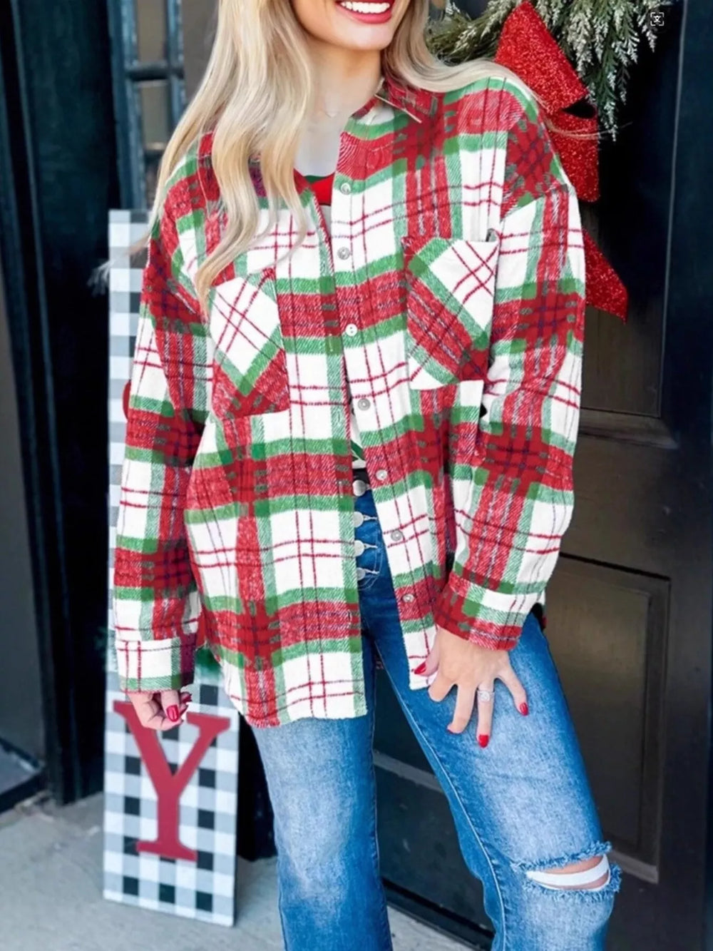 Plaid Button-Down Long Sleeve Shacket - Trendsi - Flyclothing LLC