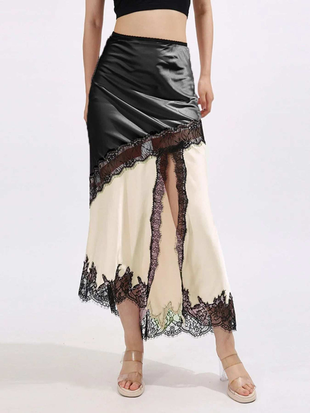 Lace Trim Asymmetrical Midi Skirt - Trendsi - Flyclothing LLC