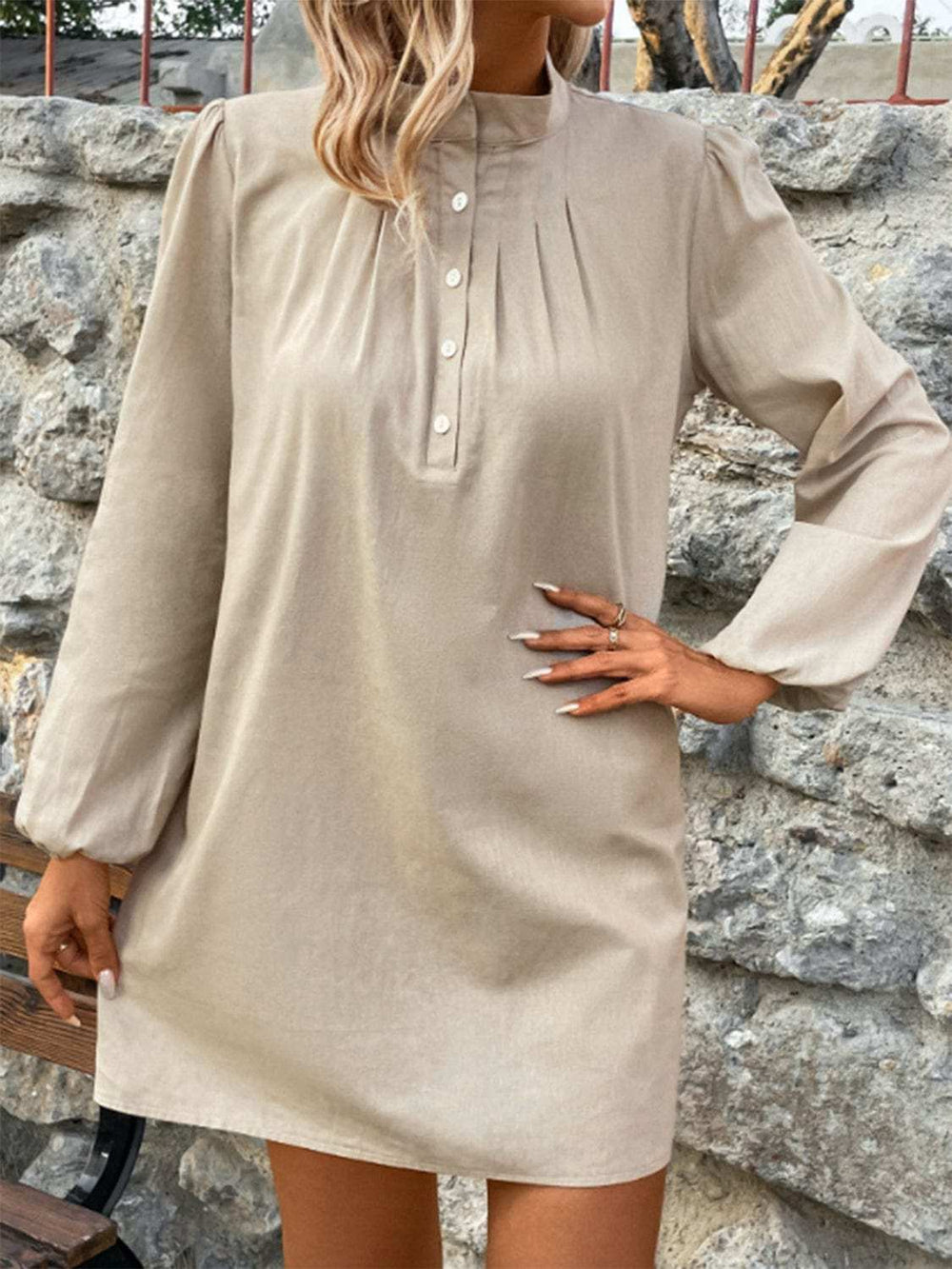 Half Button Mock Neck Long Sleeve Mini Shirt Dress - Trendsi - Flyclothing LLC
