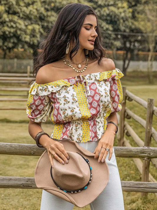 Ruffled Printed Off-Shoulder Short Sleeve Blouse - Trendsi - Flyclothing LLC
