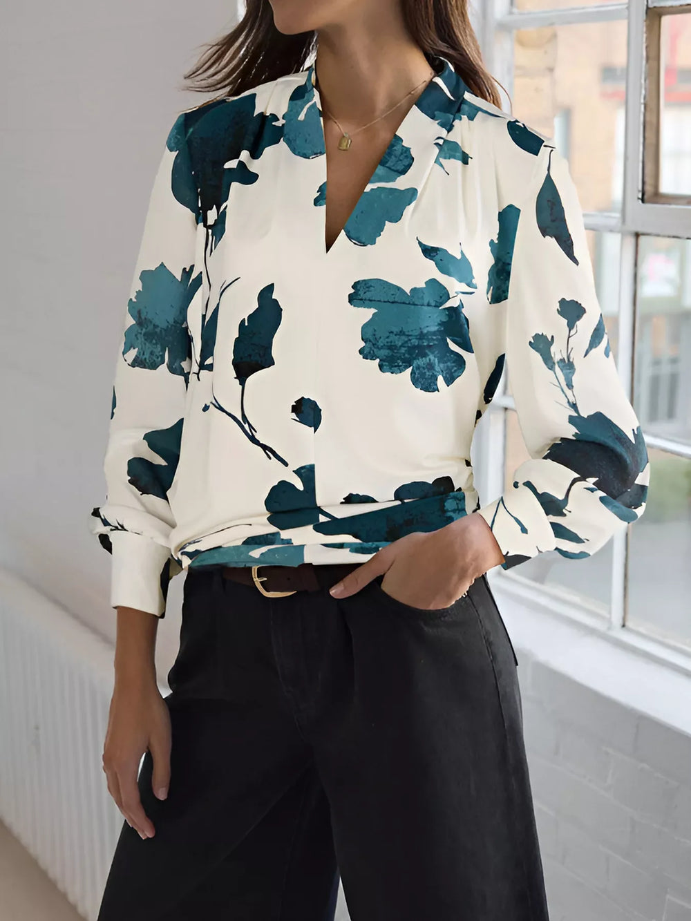 Printed V-Neck Long Sleeve Blouse - Trendsi - Flyclothing LLC