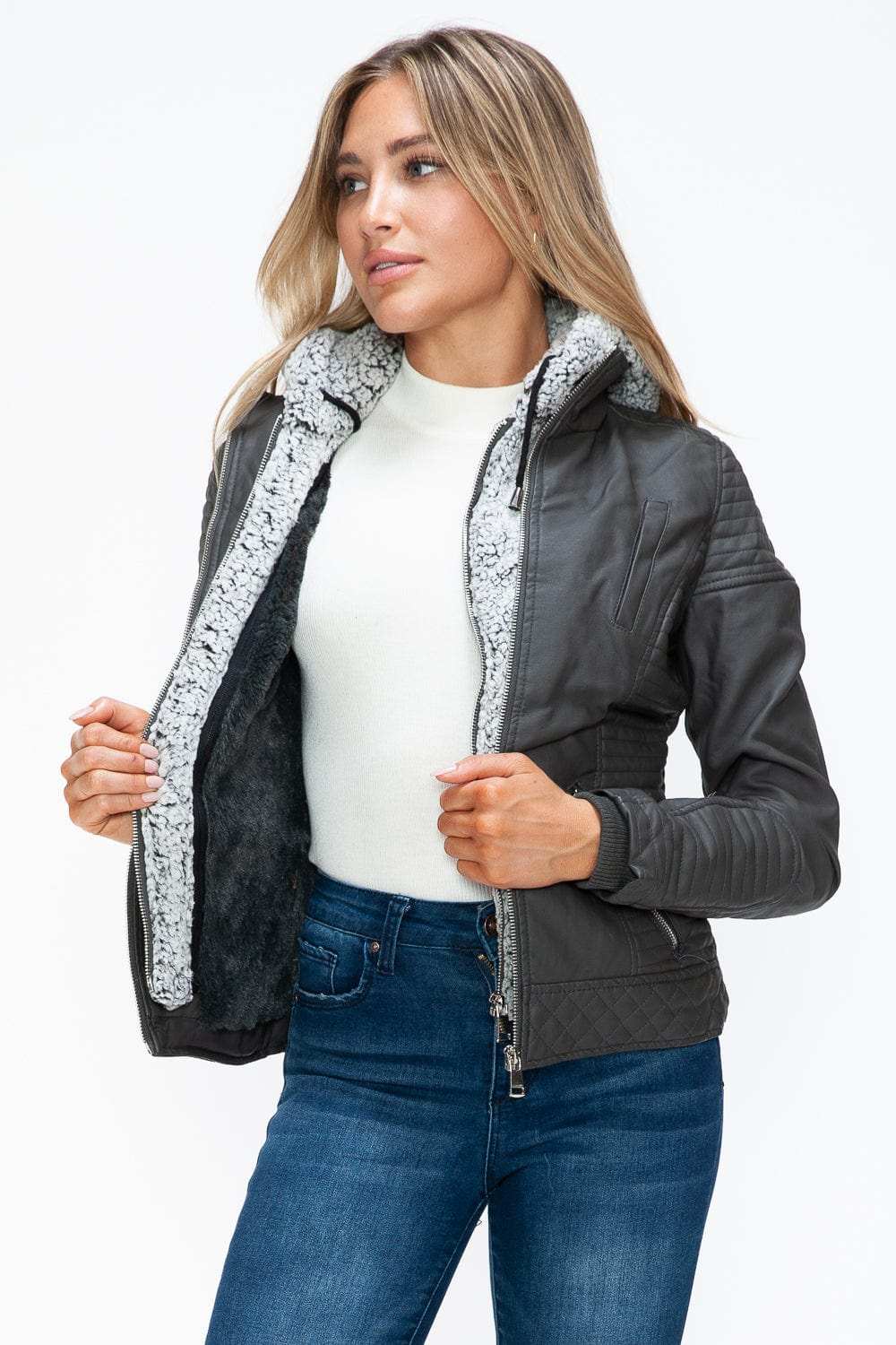 YMI Faux Layered Double-Zipper Jacket with Fuzzy Hood - Trendsi - Flyclothing LLC