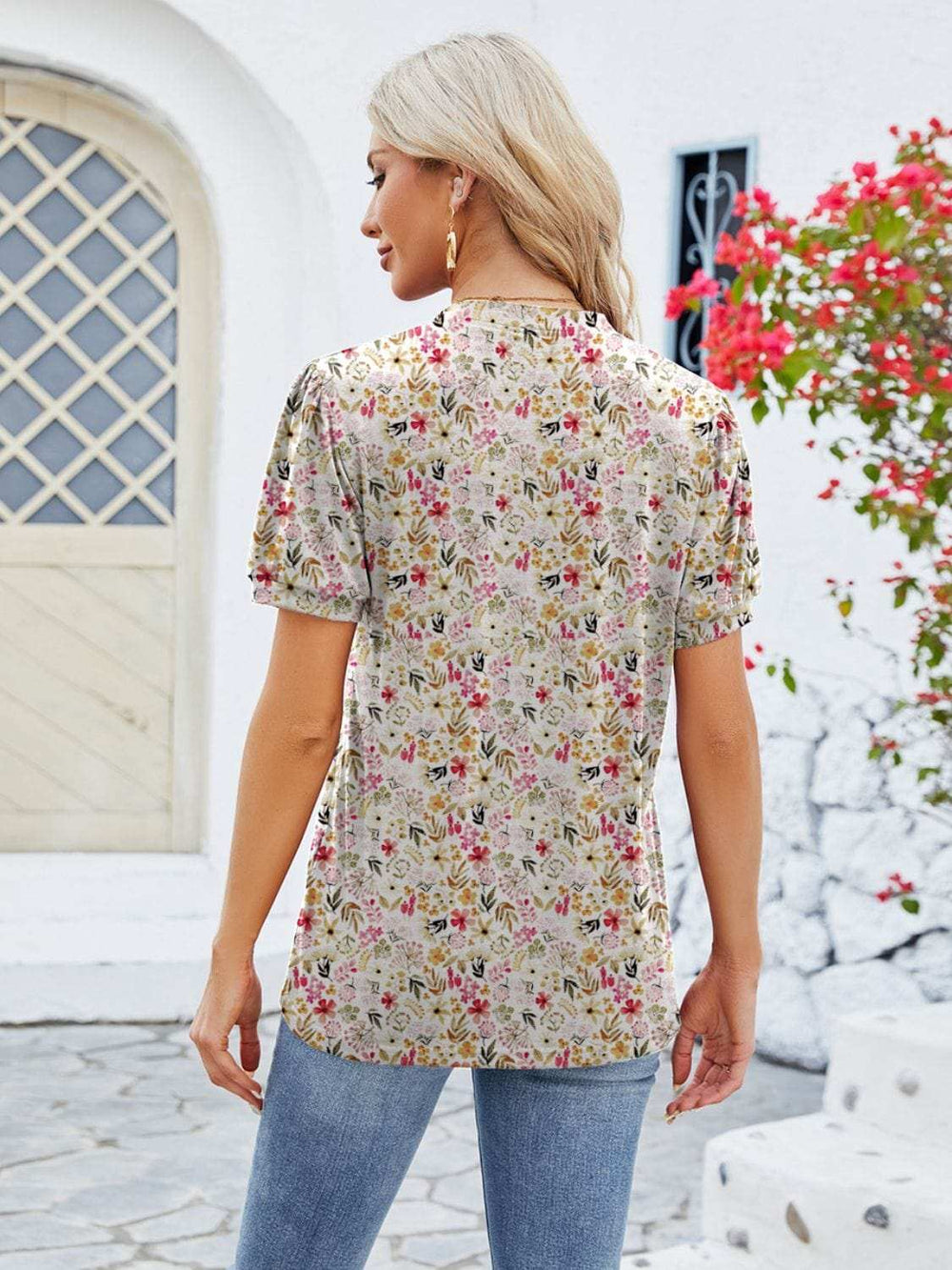 Ruched Printed Notched Short Sleeve Blouse - Trendsi - Flyclothing LLC