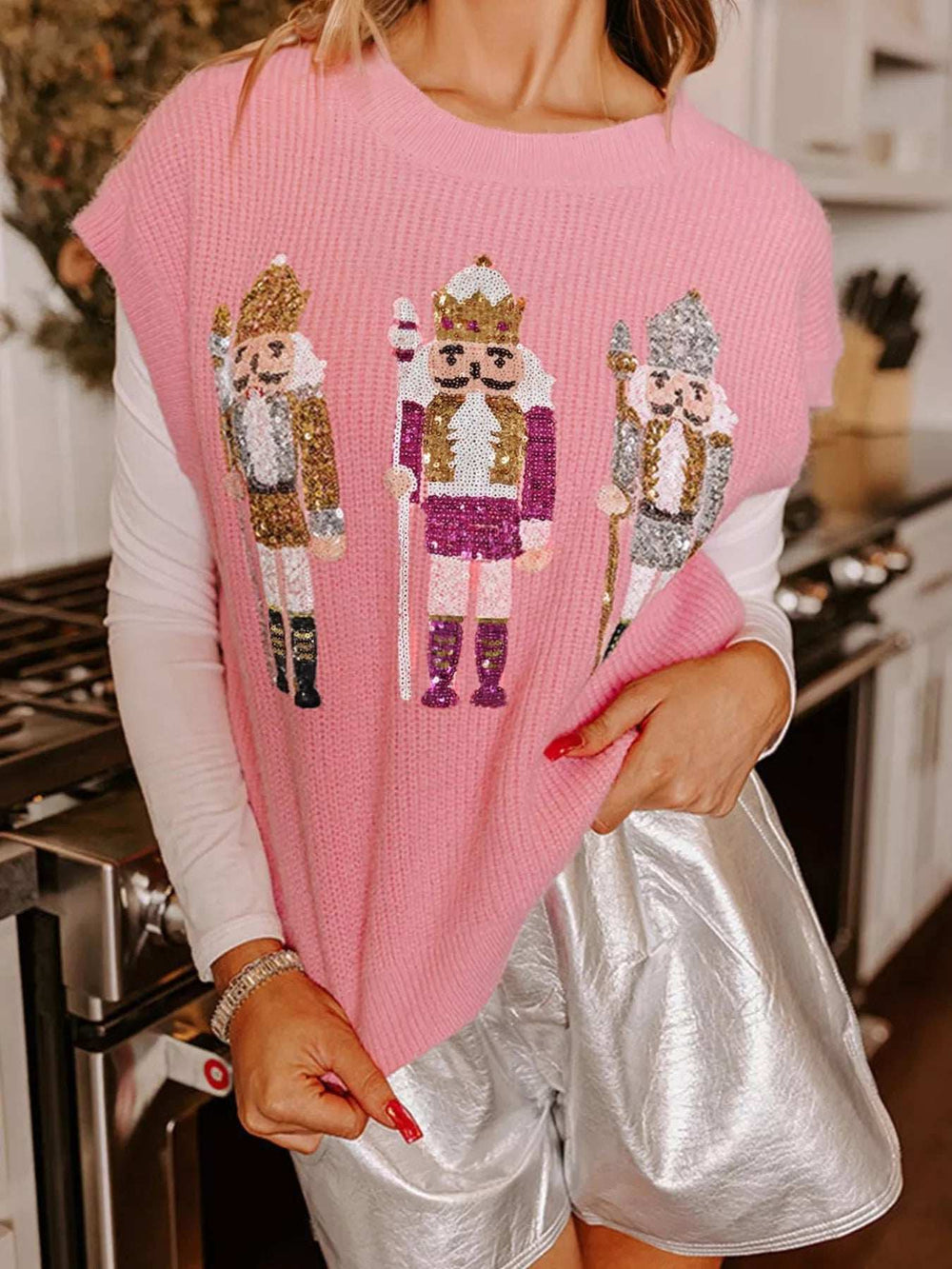 Nutcracker Sequin Short Sleeve Sweater Vest - Trendsi - Flyclothing LLC