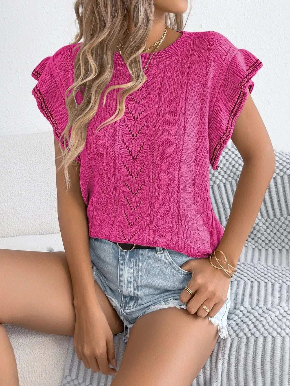 Openwork Round Neck Cap Sleeve Knit Top - Trendsi - Flyclothing LLC