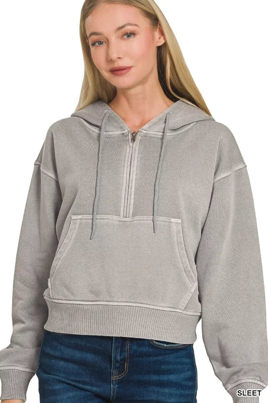 Zenana Fleece Pigment Dye Half Zip Kangaroo Pocket Hoodie - Trendsi - Flyclothing LLC