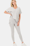 Zenana V-Neck Rolled Short Sleeve T-Shirt and Leggings Lounge Set - Trendsi - Flyclothing LLC