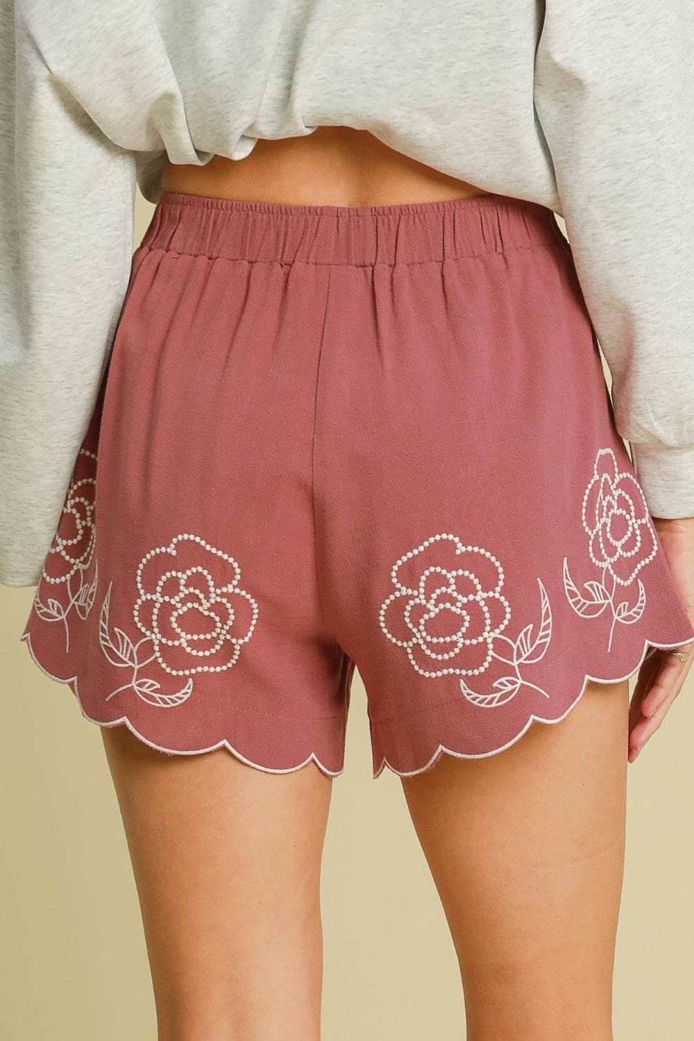 Umgee Full Size Linen Blend Shorts with Floral Embroidered Details Plus Size - Trendsi - Flyclothing LLC