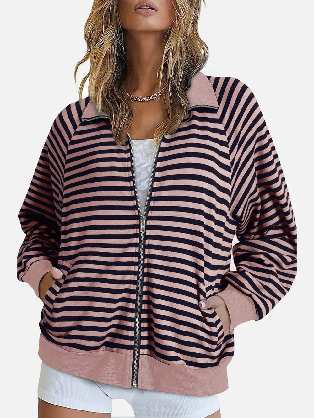 Striped Zip Up Long Sleeve Sweatshirt - Trendsi - Flyclothing LLC