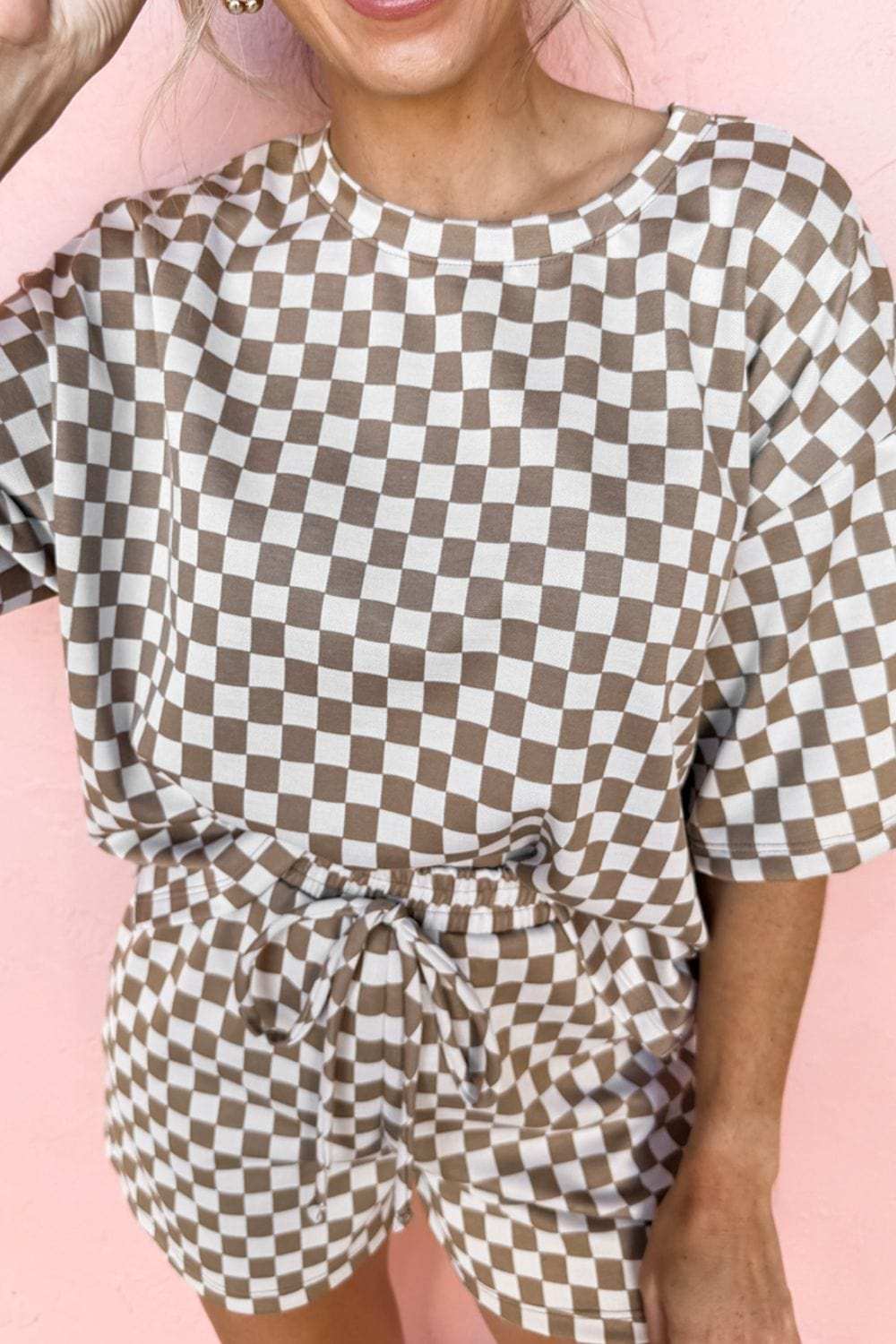 Checkered Round Neck Top and Shorts Set - Trendsi - Flyclothing LLC