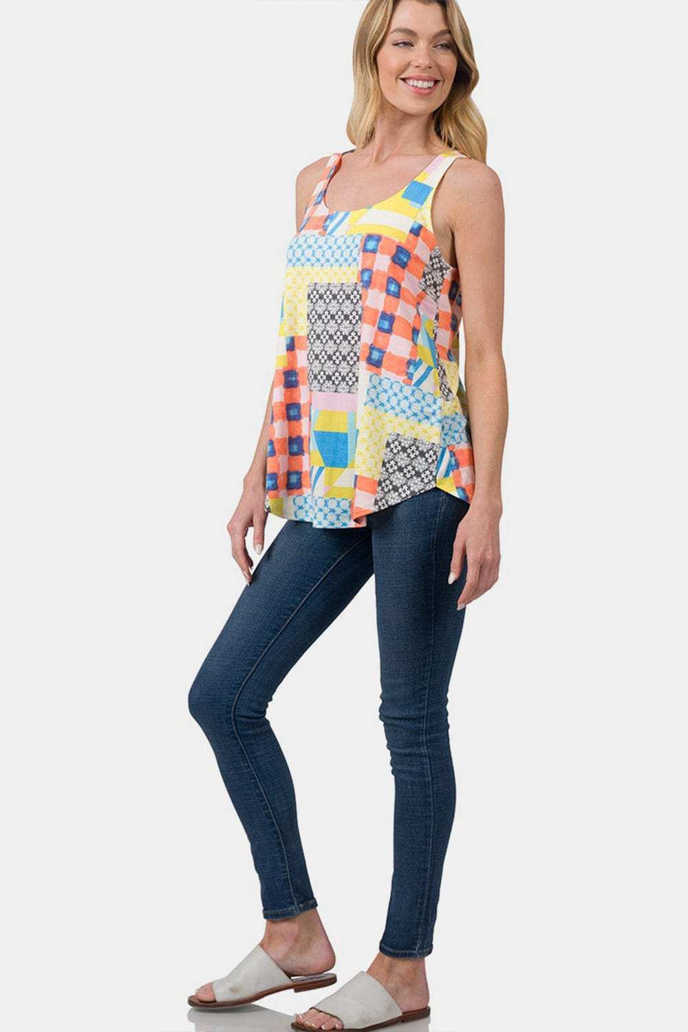 Zenana Printed Round Neck Curved Hem Tank - Trendsi - Flyclothing LLC