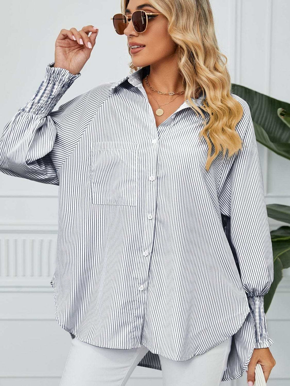 Striped Collared Neck Long Sleeve Shirt - Trendsi - Flyclothing LLC