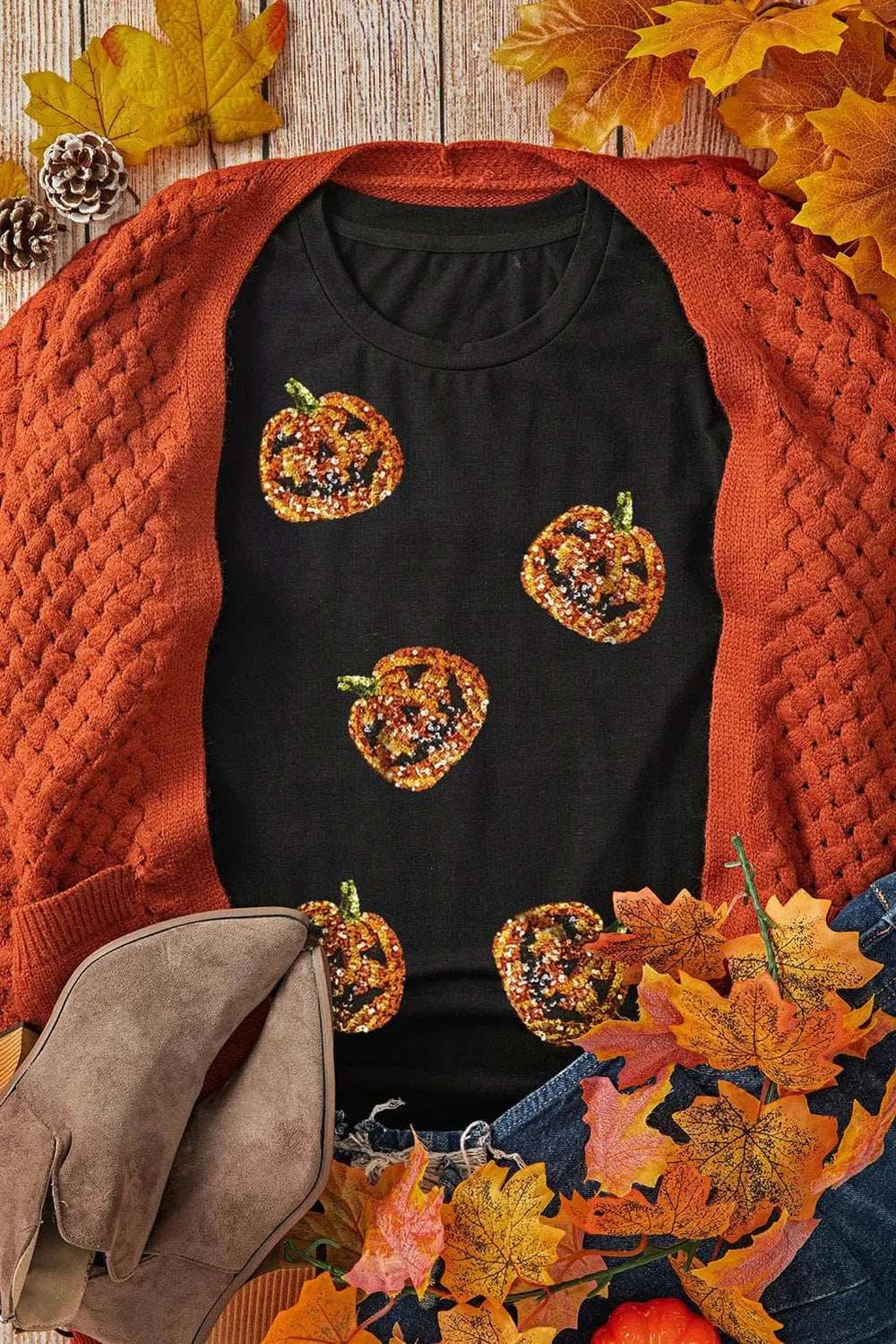 Sequin Pumpkin Round Neck Short Sleeve T-Shirt - Trendsi - Flyclothing LLC