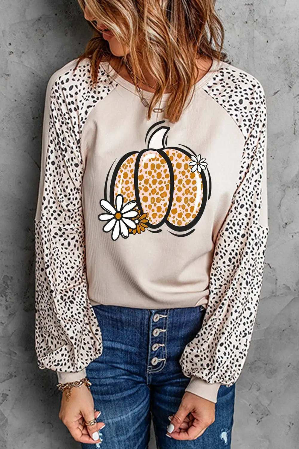 Pumpkin Graphic Round Neck Long Sleeve Top - Trendsi - Flyclothing LLC
