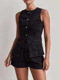 Button Down Vest and Shorts Denim Set - Trendsi - Flyclothing LLC