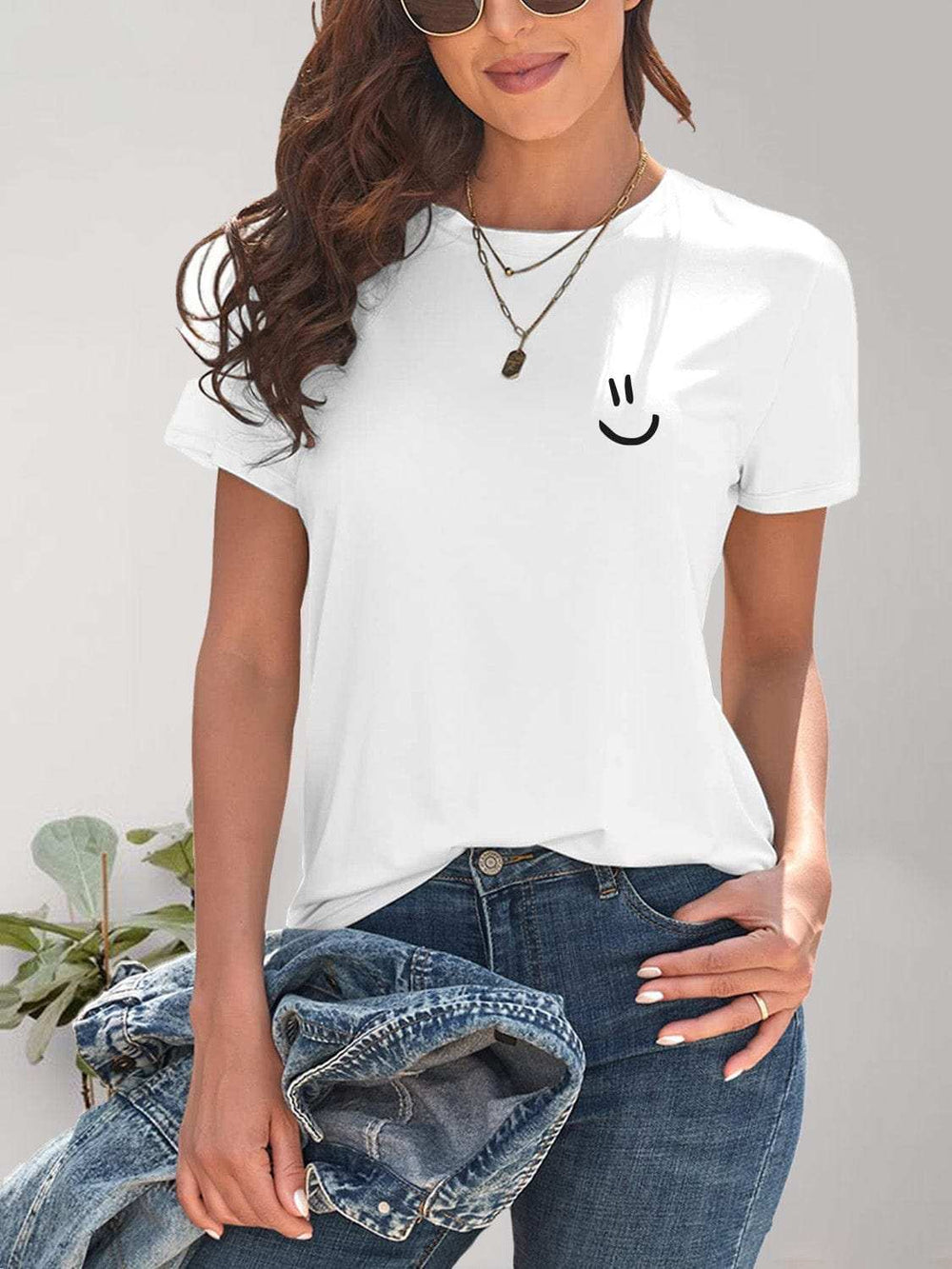 Smile Graphic Round Neck Short Sleeve T-Shirt - Trendsi - Flyclothing LLC