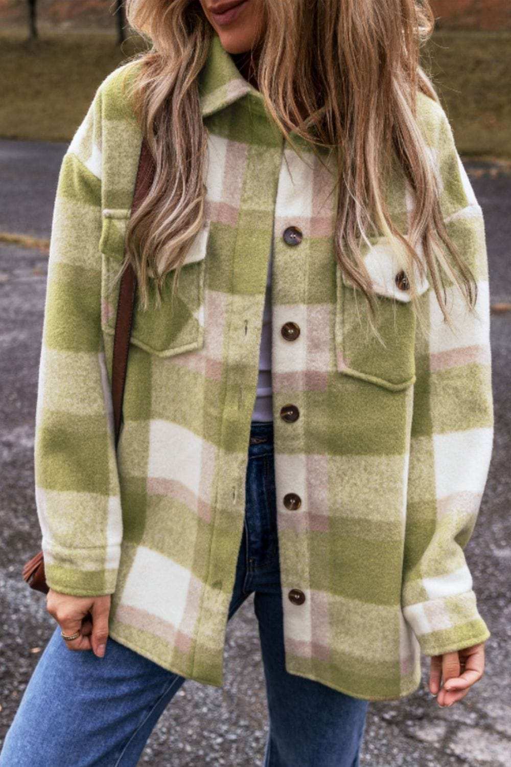 Pocketed Plaid Collared Neck Shacket - Trendsi - Flyclothing LLC