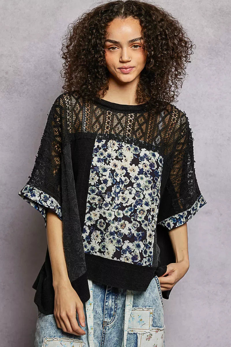 POL Floral Patchwork Lace Accent Blouse - Trendsi - Flyclothing LLC