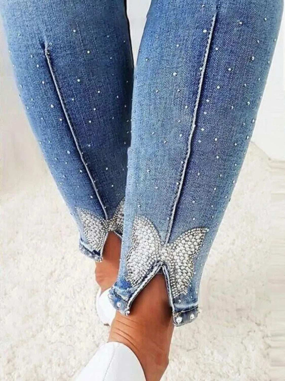 Rhinestone Butterfly Jeans with Pockets - Trendsi - Flyclothing LLC