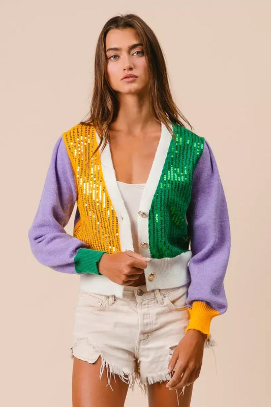 BiBi Mardi Gras Color Block Sequin Sweater Cardigan - Trendsi - Flyclothing LLC