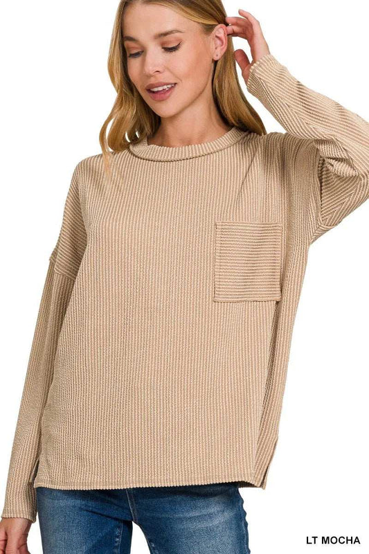 Zenana Long Sleeve Drop Shoulder Rib Top - Trendsi - Flyclothing LLC