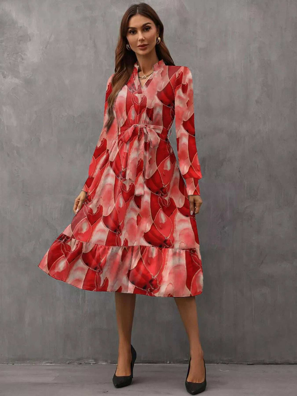 Notched Tie Waist Long Sleeve Dress - Trendsi - Flyclothing LLC