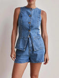 Button Down Vest and Shorts Denim Set - Trendsi - Flyclothing LLC