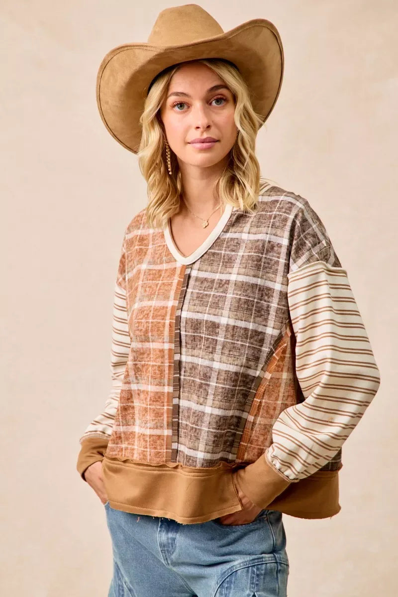 BiBi Plaid And Stripe Mix And Match Top With Open Seam - Trendsi - Flyclothing LLC