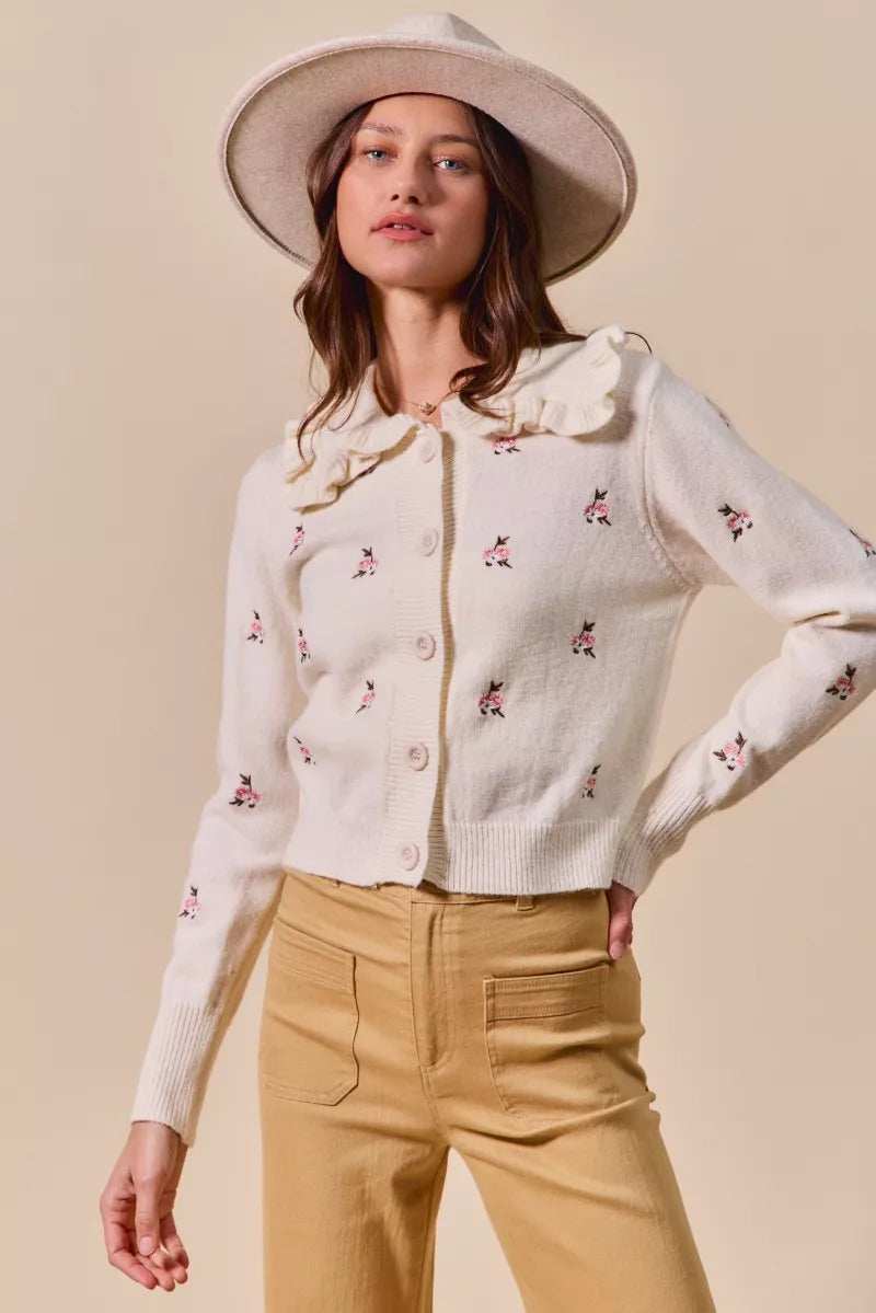 SO ME Collared Floral Embroidered Button Down Sweater Cardigan - Trendsi - Flyclothing LLC