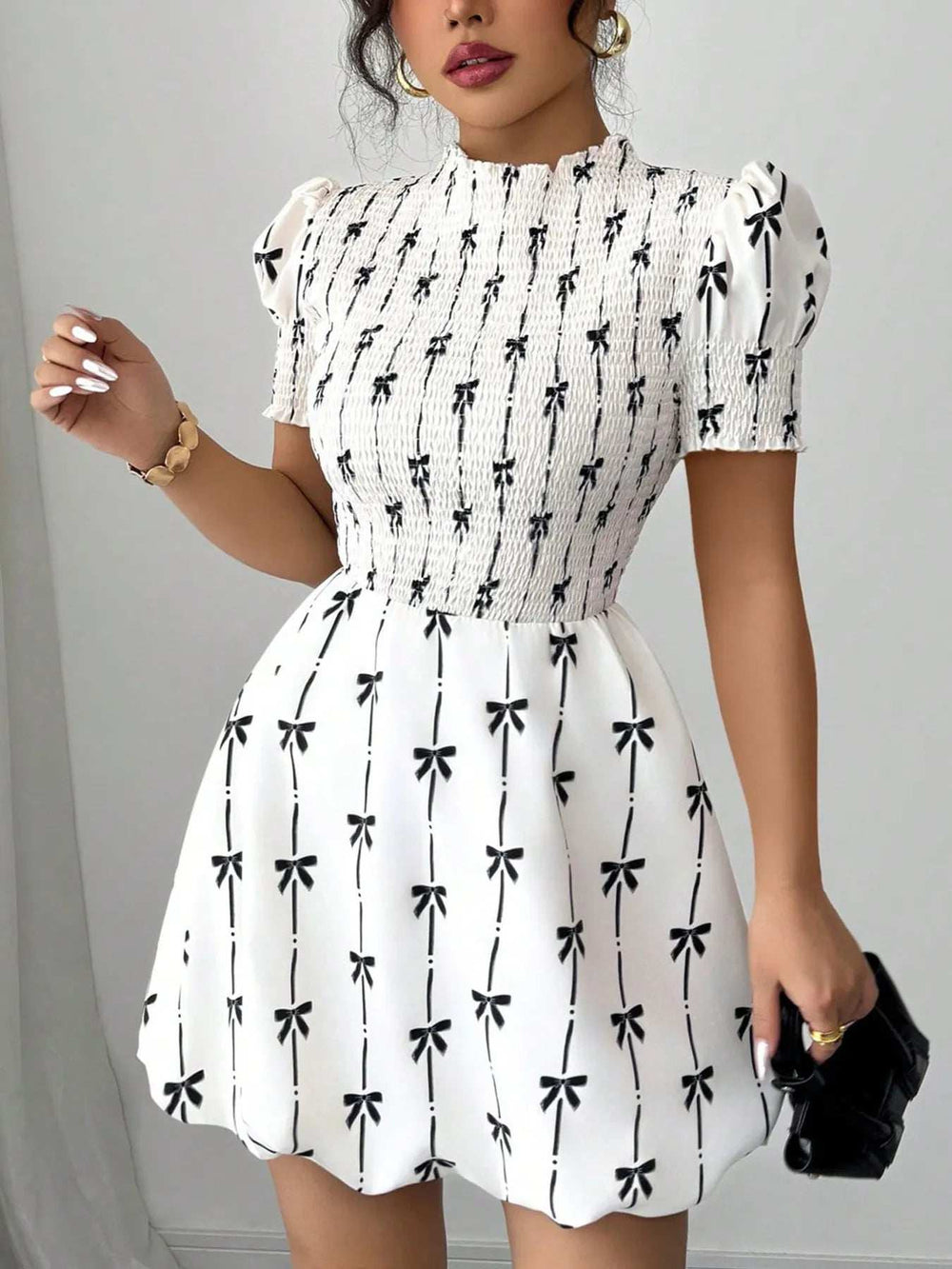 Smocked Bow Print Short Sleeve Dress - Trendsi - Flyclothing LLC