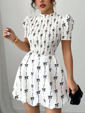 Smocked Bow Print Short Sleeve Dress - Trendsi - Flyclothing LLC