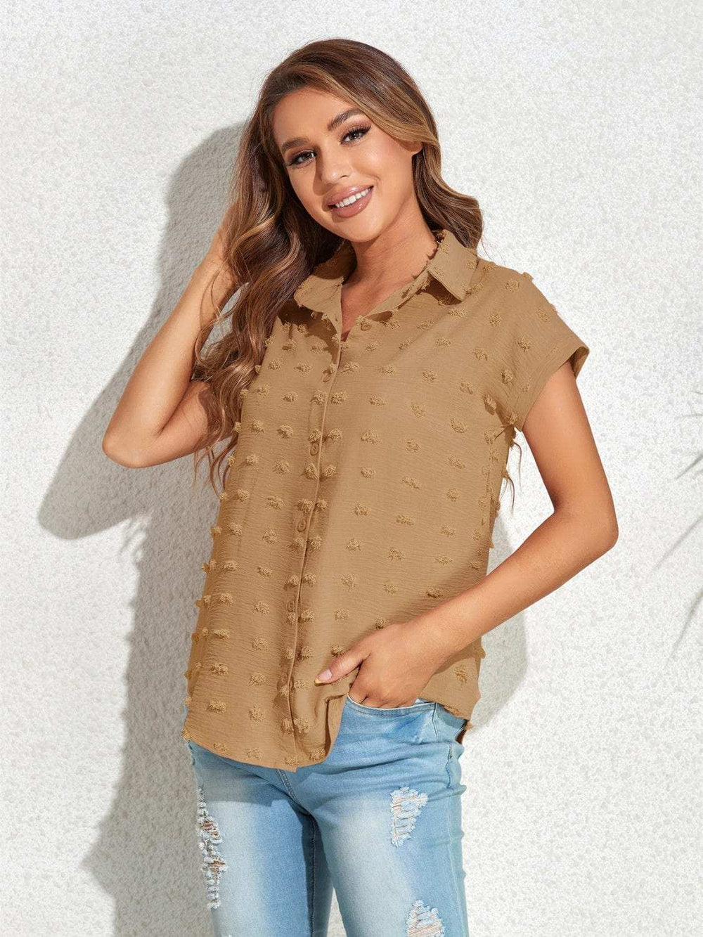 Swiss Dot Button Up Cap Sleeve Shirt - Trendsi - Flyclothing LLC