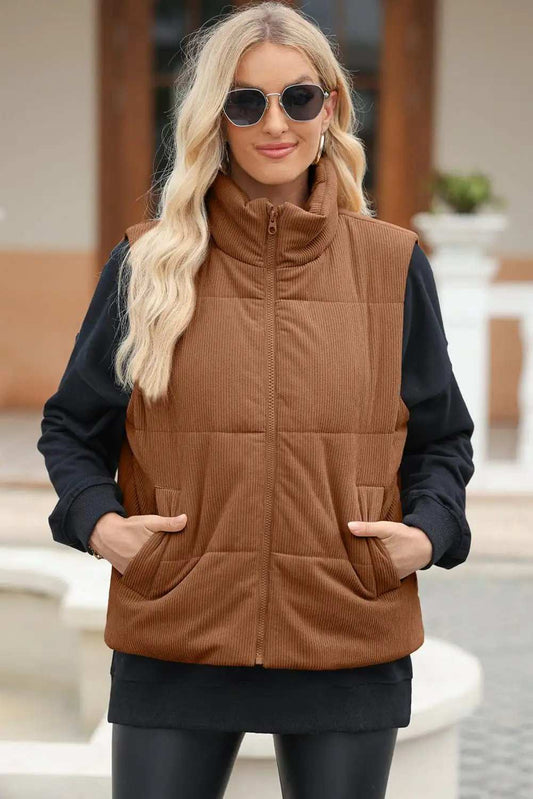 Pocketed Zip Up Turtleneck Vest Coat - Trendsi - Flyclothing LLC