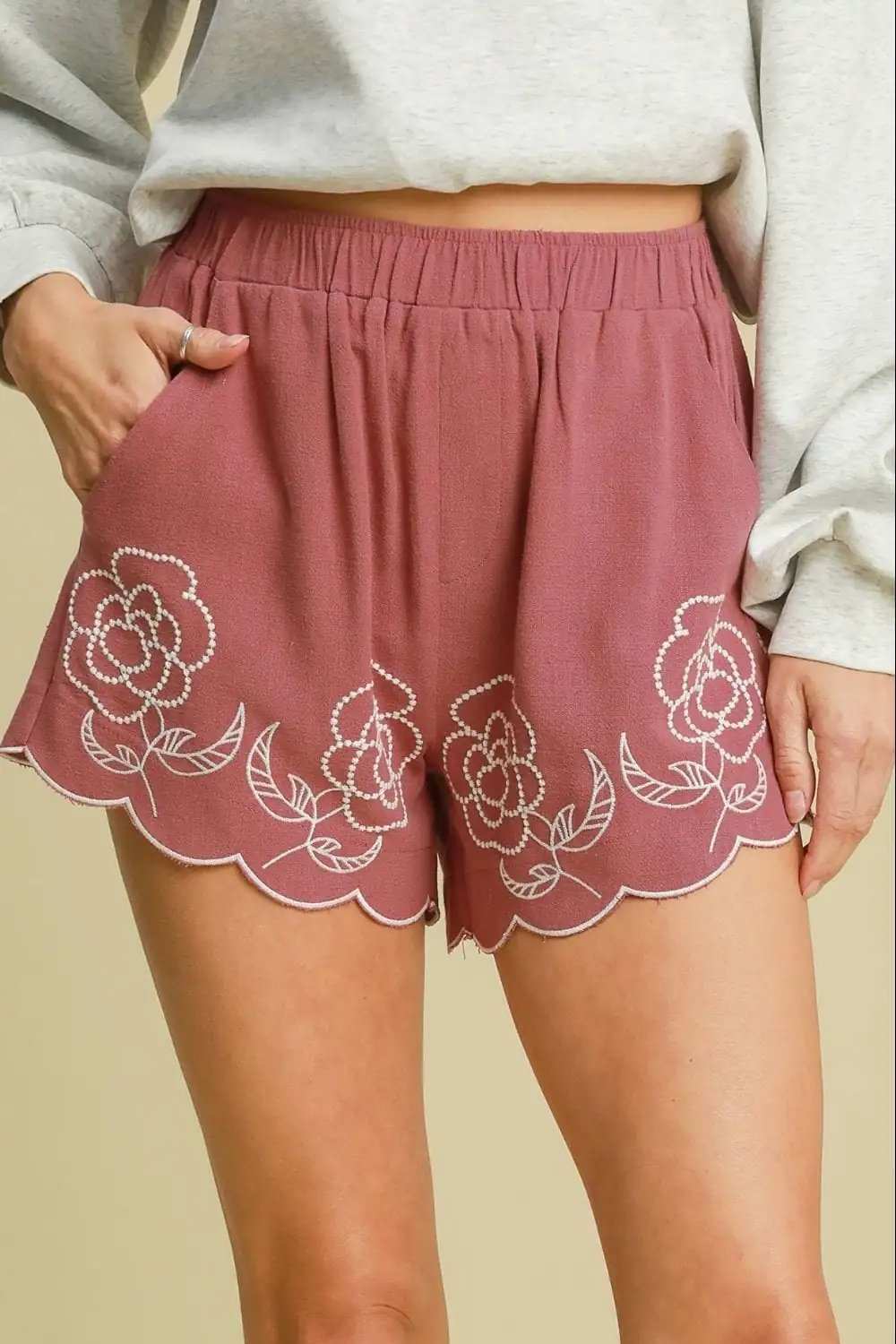 Umgee Full Size Linen Blend Shorts with Floral Embroidered Details Plus Size - Trendsi - Flyclothing LLC