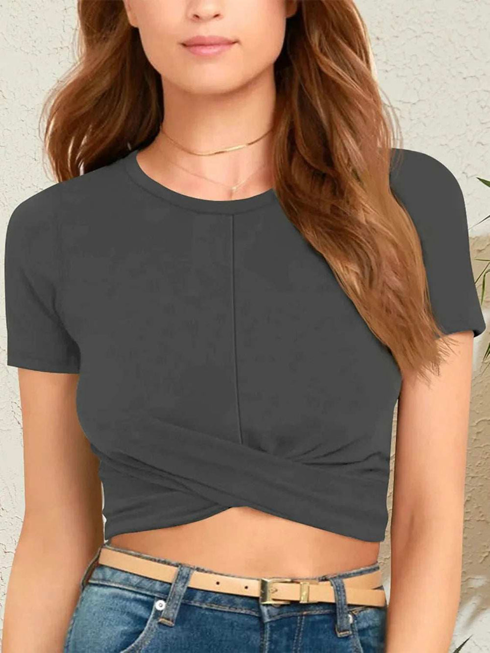 Round Neck Short Sleeve Crop T-Shirt - Trendsi - Flyclothing LLC
