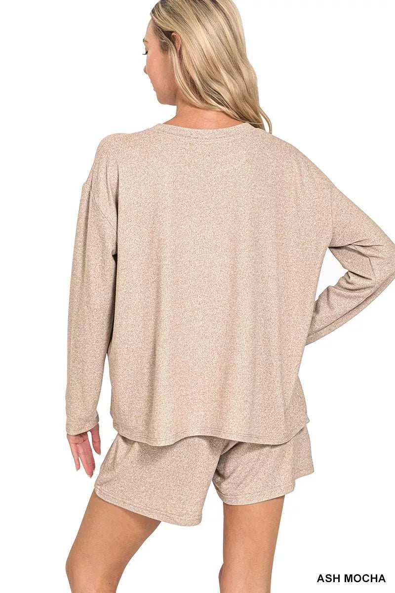 Zenana Soft Melange Long Sleeve Tee and Shorts Set - Trendsi - Flyclothing LLC