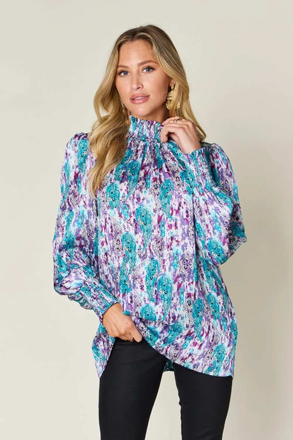 Double Take Full Size Printed Smocked Long Sleeve Blouse - Trendsi - Flyclothing LLC
