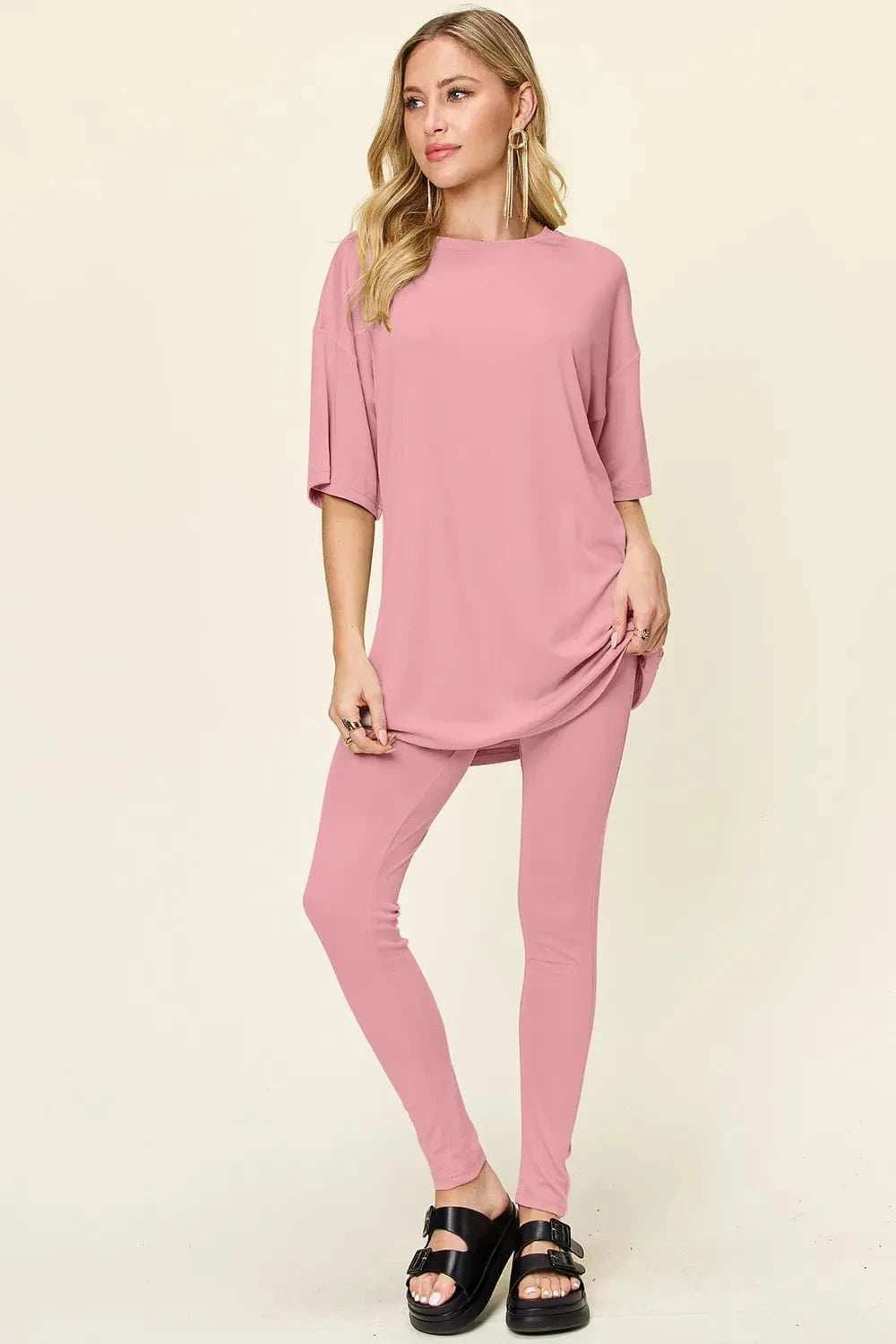 Double Take Full Size Round Neck Dropped Shoulder T-Shirt and Leggings Set - Trendsi - Flyclothing LLC
