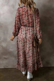 Frill Printed V-Neck Long Sleeve Midi Dress - Trendsi - Flyclothing LLC