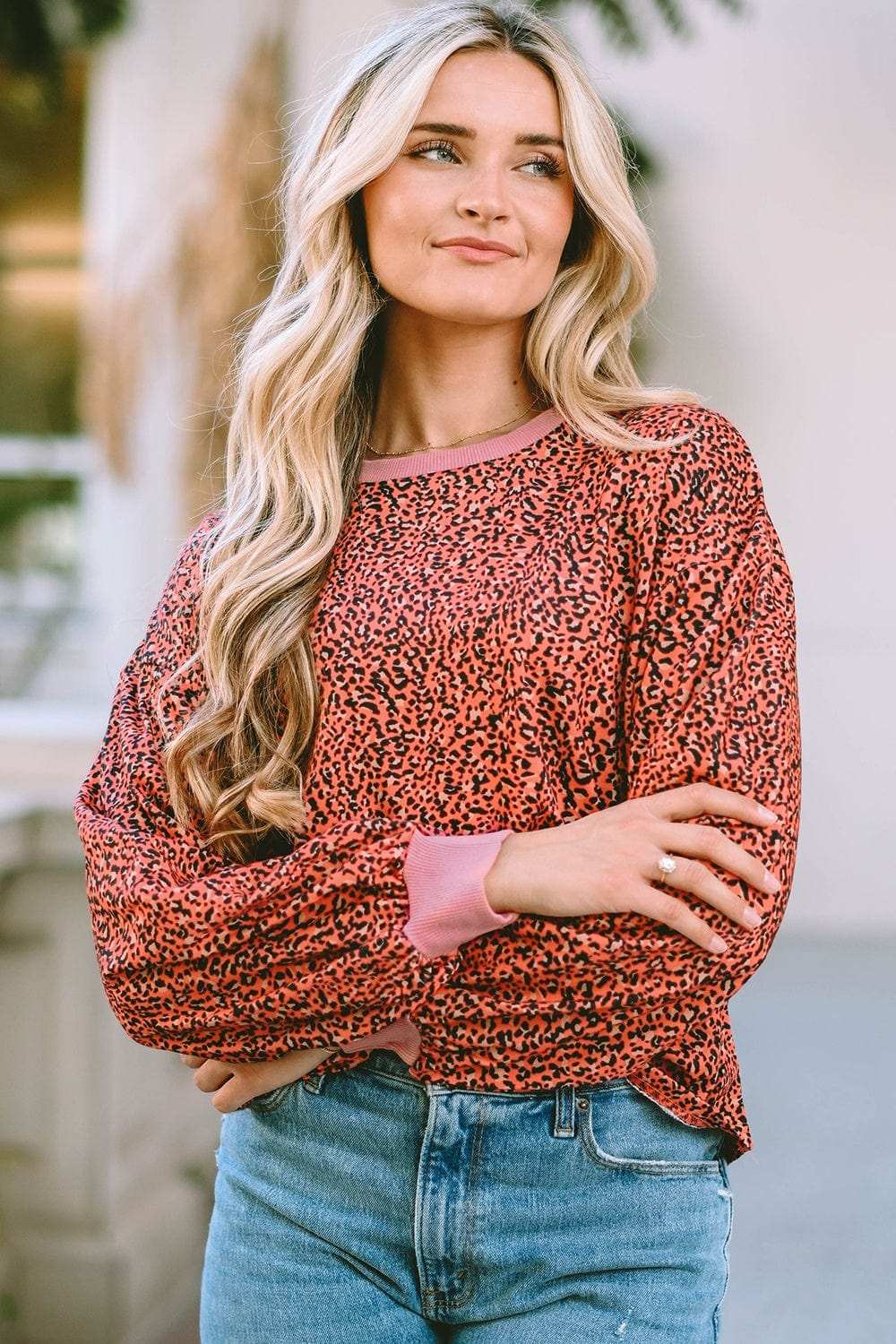 Leopard Round Neck Long Sleeve Sweatshirt - Trendsi - Flyclothing LLC
