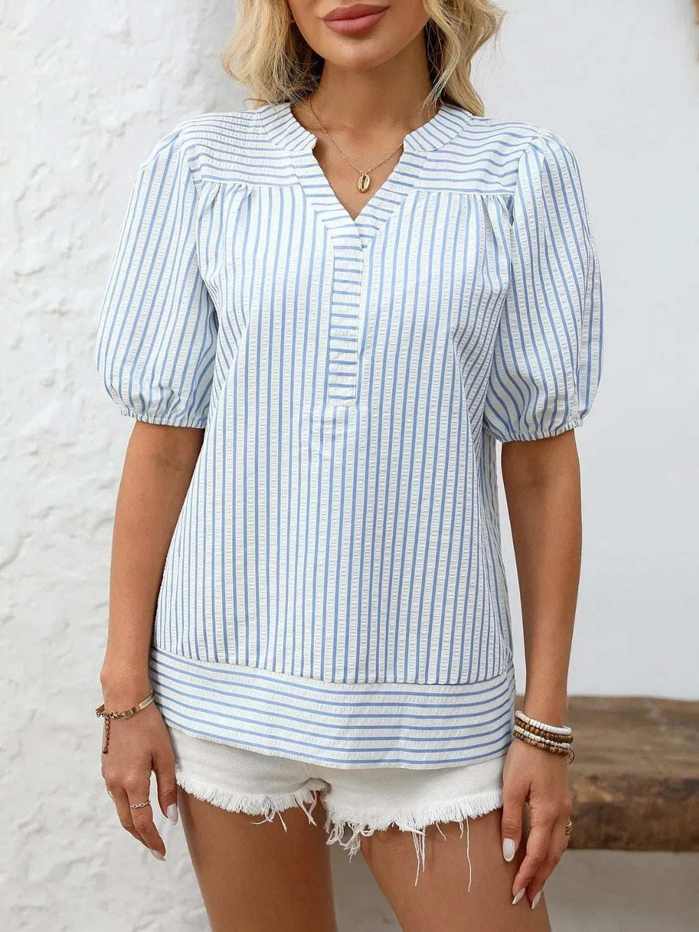 Striped Notched Puff Sleeve Blouse - Trendsi - Flyclothing LLC