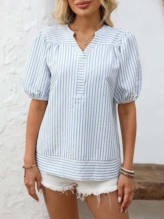 Striped Notched Puff Sleeve Blouse - Trendsi - Flyclothing LLC